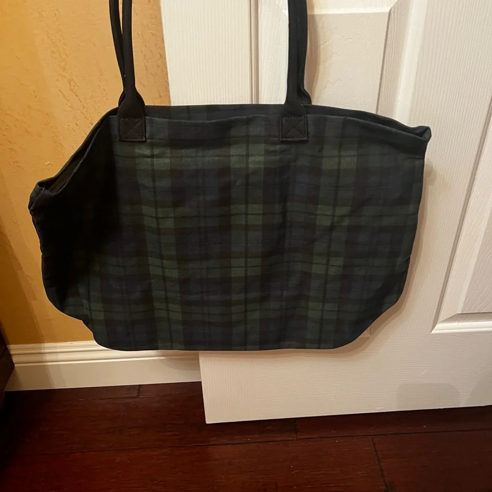 NEW Gap Tote Bag Tartan Plaid Green Silver Logo Cotton 16 x 11 x 4.5 inches - Picture 3 of 3